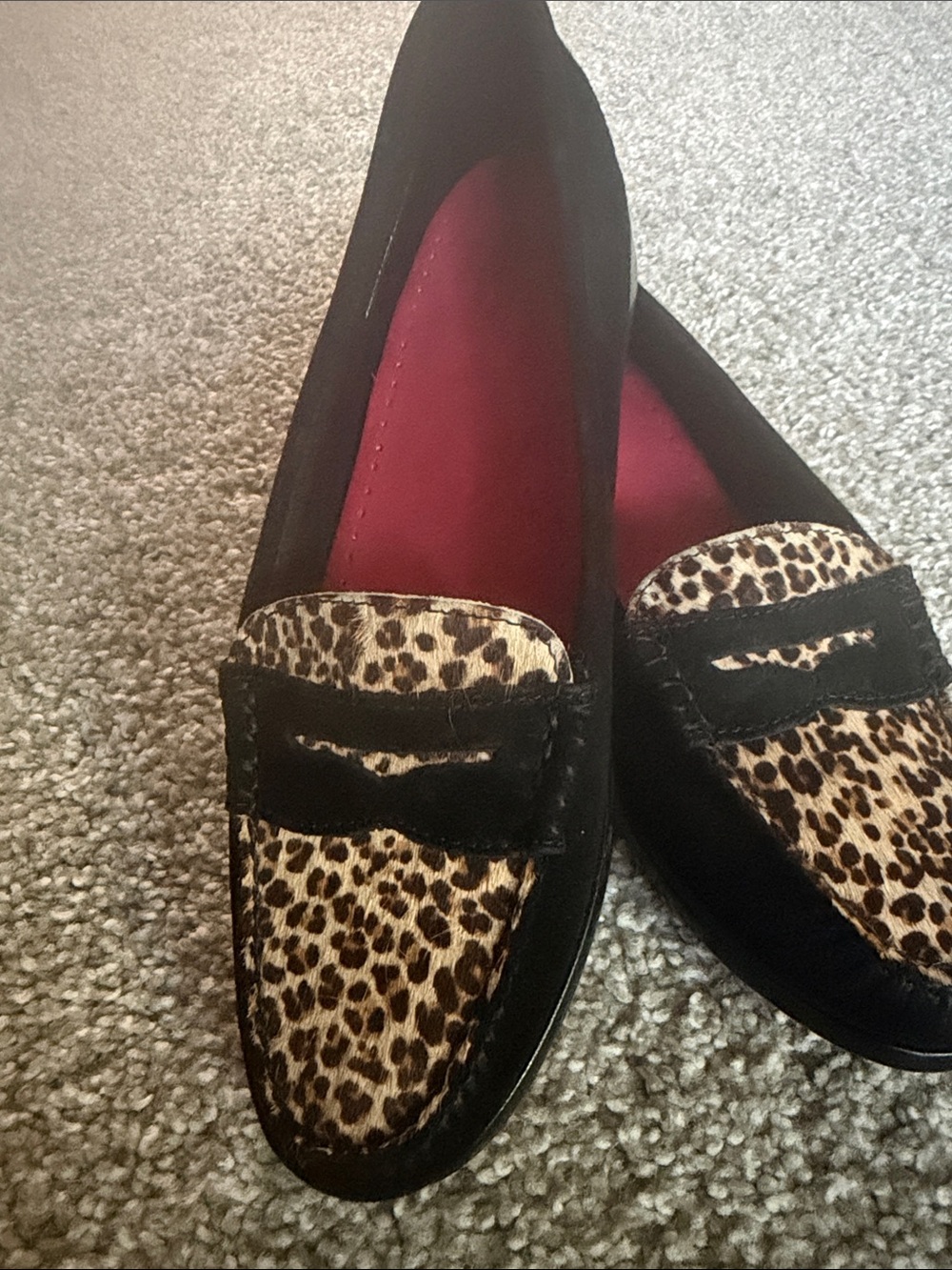 G.H. Bass & Co. Black Suede Leopard Print Penny Loafers with Red Insole Size 11